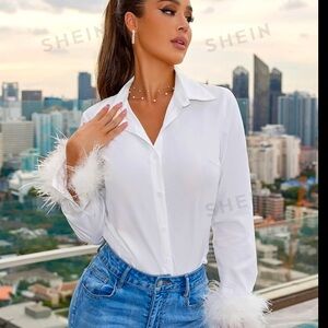 SHEIN Privé White Button Front Shirt With Faux Fur Fuzzy Sleeves Size:Medium NWT